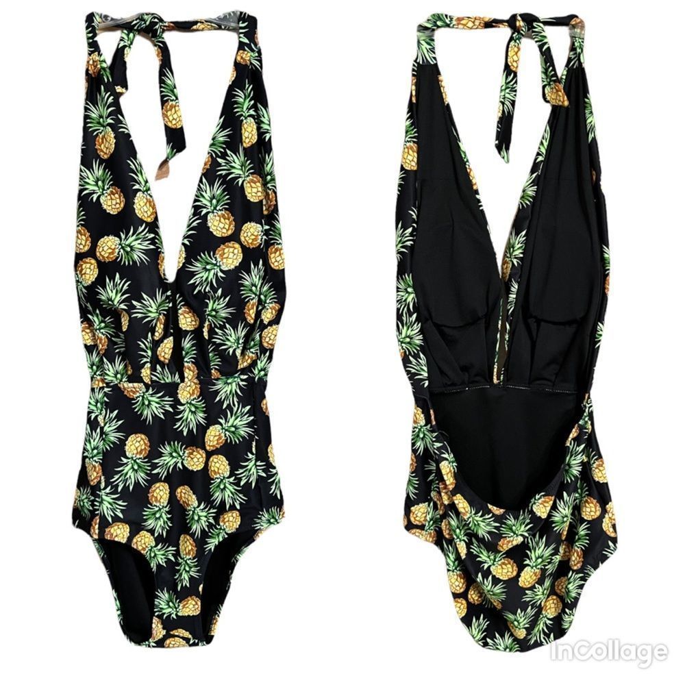 Unique & Classic Black Pineapple Halter Tie Low Cut Front One Piece Swimsuit 2XL